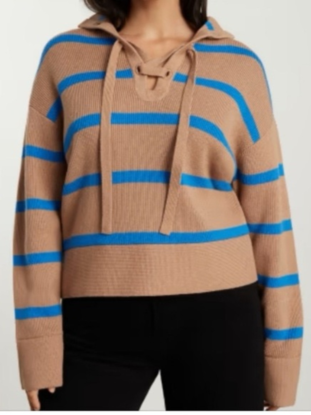 Everlane Brown Blue Striped Lace-Up Wool Organic Cotton Sweater L Hygge Luxury
